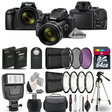Nikon COOLPIX P900 Digital Camera 83x + Flash + 7PC Filter + EXT BAT - 64GB (Nikon P900 Best Price)