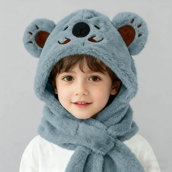 SYMOID Kids Hooded Scarf 6 Months, Unisex Koala Plush Nylon-Spandex Blend Warm Winter Scarf Hood for Kidss, Blue All-in-One Cold Weather Accessory,Size 2 T