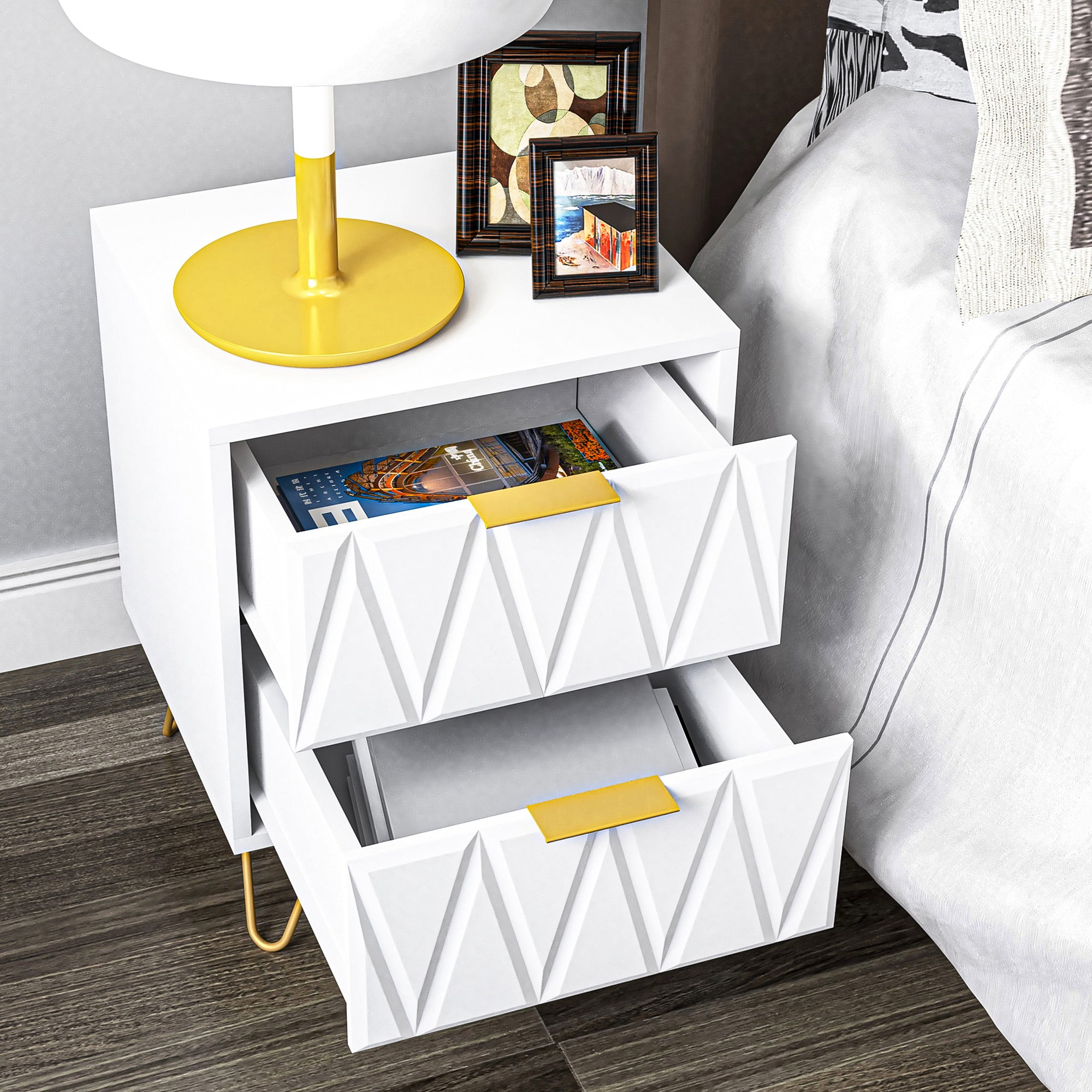 Finihen 21" Tall Nightstand with 2 Drawers, End Table Dual Night Stand with Metal Legs for Bedroom Living Room, White Finihen 21" Tall Nightstand with 2 Drawers, End Table Dual Night Stand with Metal Legs for Bedroom Living Room, White