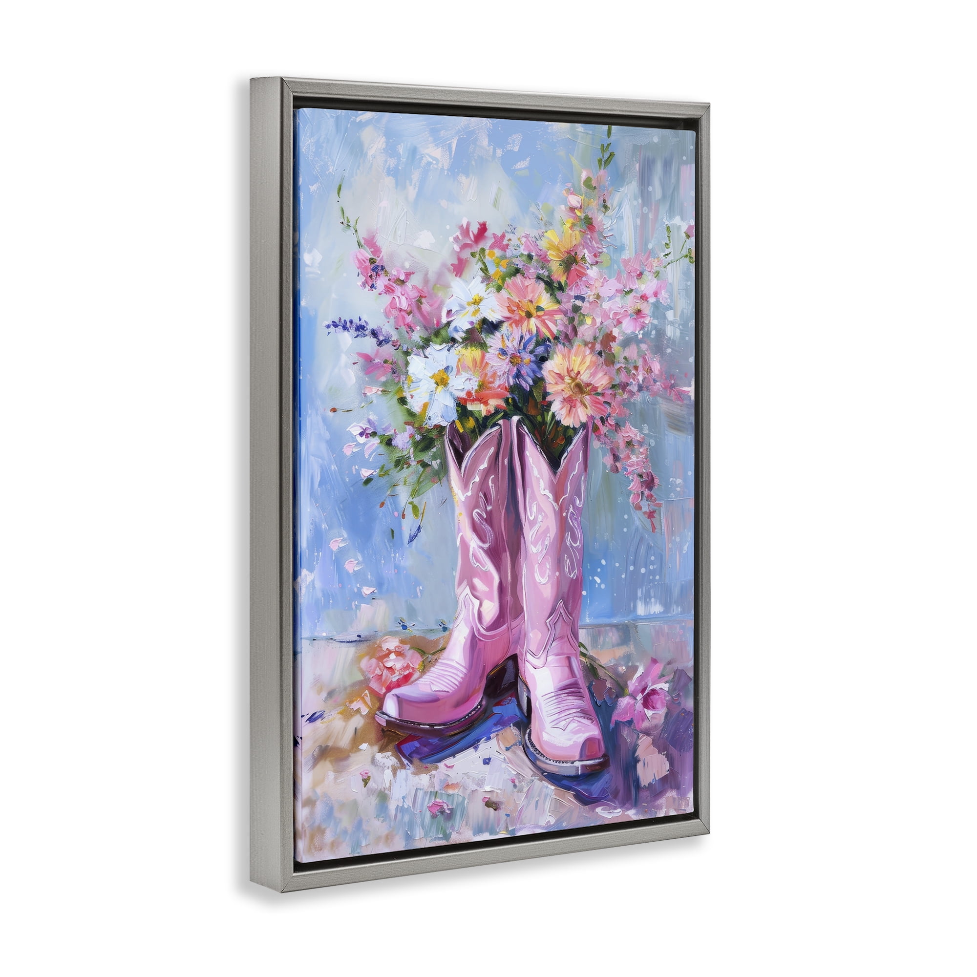 Stupell Industries Floral Cowgirl Boots Plants & Flowers Painting Gray Floater Framed Canvas Art Print Wall Art, 21 x 31