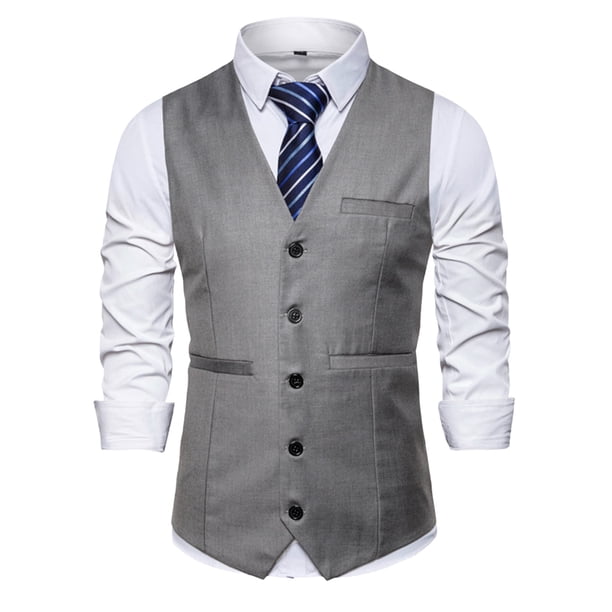 Chaqueta de Traje de Ocio de Bolsillo sin Cuello en V de Color Sólido sin Mangas, Trajes de Hombre de Ajuste Delgado para el Uso Formal Informal