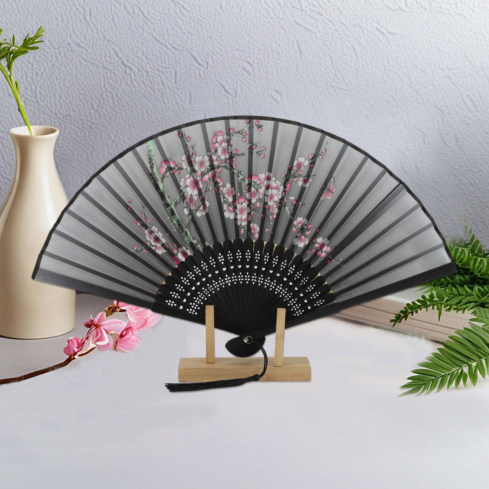 Unique Bargains Folding Fan 1Pc for Party Gray Joyful Magpie on Plum Blossom Branch Design