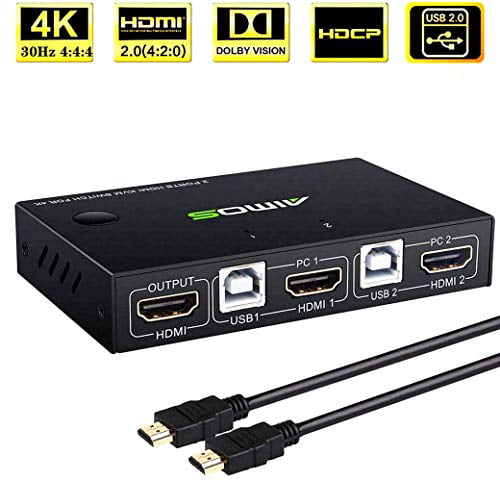 Support Wireless Keyboard and Mouse Connections UHD 4K@30Hz KVM Switch HDMI 2 Port Box Share 2 Computers with one Keyboard Mouse and one HD Monitor with USB Hub Port