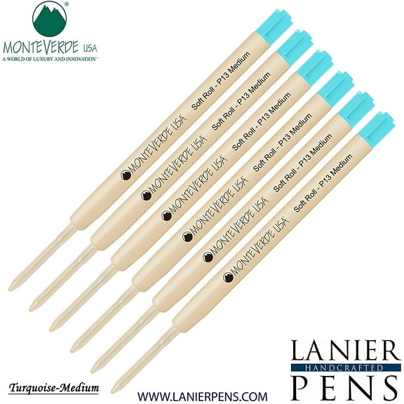 Lanier Combo Pack - 6 Pack - Monteverde SoftRoll Ballpoint P13 Paste Ink Refill Compatible with most Parker Style Ballpoint Pens - Turquoise (Medium Tip 0.7mm)
