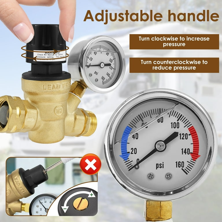 Handle Adjustable RV Water Pressure Regulator with Gauge, 3/4'' GHT 160PSI  Lead