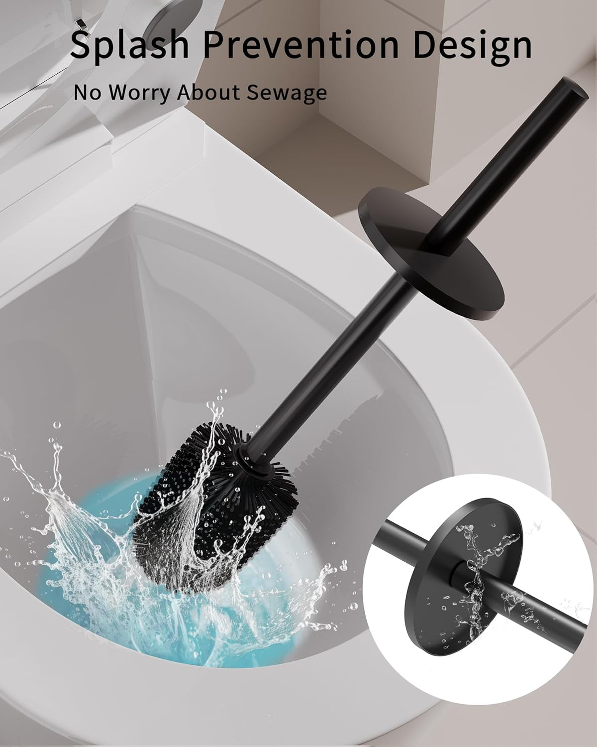 Toilet Brush and Holder Set, 2 Pack Toilet Bowl Brush with Caddy for Bathroom, Toilet Cleaner Brush with Stainless Steel Handle & Durable Bristles, Splash Proof（Matte Black）