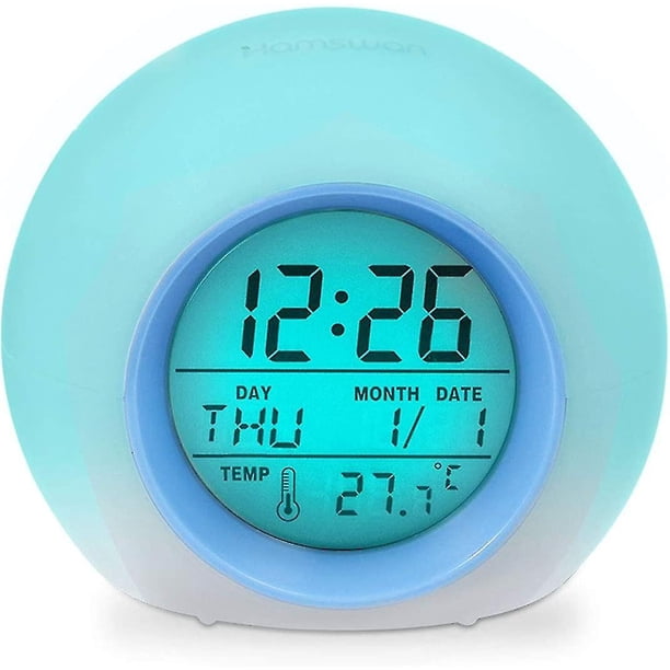 Reloj despertador digital, reloj para niños con luz nocturna de 7 colores, despertadores para niños y niñas, función con pilas, (blanco)
