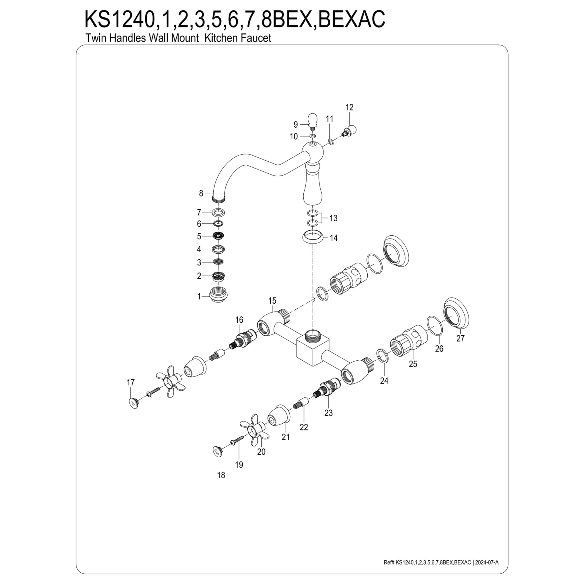 Kingston Brass KS1246BEX Essex Double-Handle Wall-Mount Bridge Kitchen Faucet, Polished Nickel