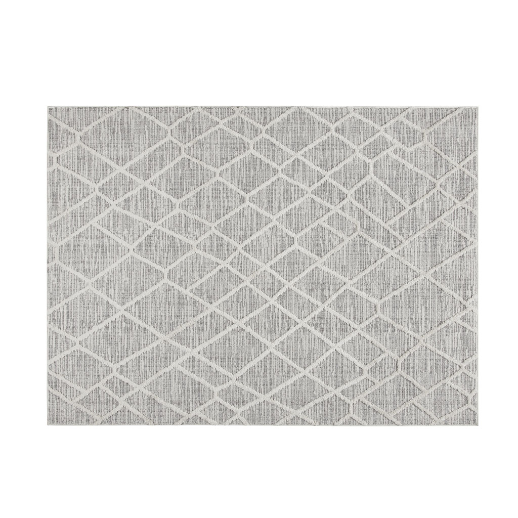 Gray Indoor Area Rug 5X7 Machine Woven Pebble Geo Pattern Soft Medium Pile Non Slip Latex Backing High Traffic Easy Clean For Living Room Bedroom