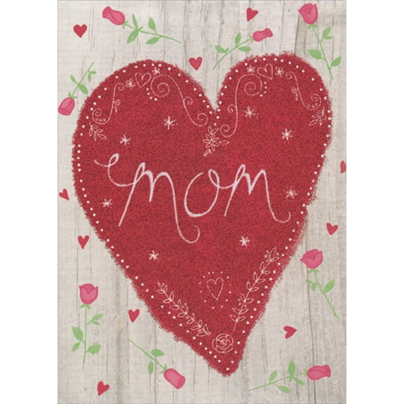 RSVP Mom Written Inside Sparkling Red Glitter Heart Valentine's Day Card for Mom