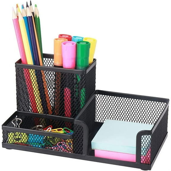 Xiao Hua mesh pen holder, desk organizer pen holder, office supplies, with note holder, suitable for office, home, 3 compartments, black
