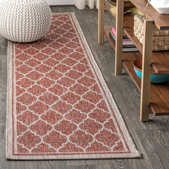 JONATHAN Y SANTA MONICA 2 x 10 Runner Rug, Trebol Moroccan Trellis Textured Weave - Red/Beige, SMB109C-210