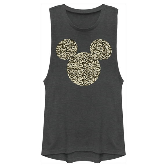 Junior's Mickey & Friends Cheetah Print Mickey Mouse Logo  Festival Muscle Graphic Tee Charcoal 2X Large