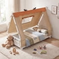 thumbnail image 2 of Gymax Twin Size House Floor Bed w/ TentWood Bed Frame w/ Roof Window & Fence Rails White & Orange, 2 of 10