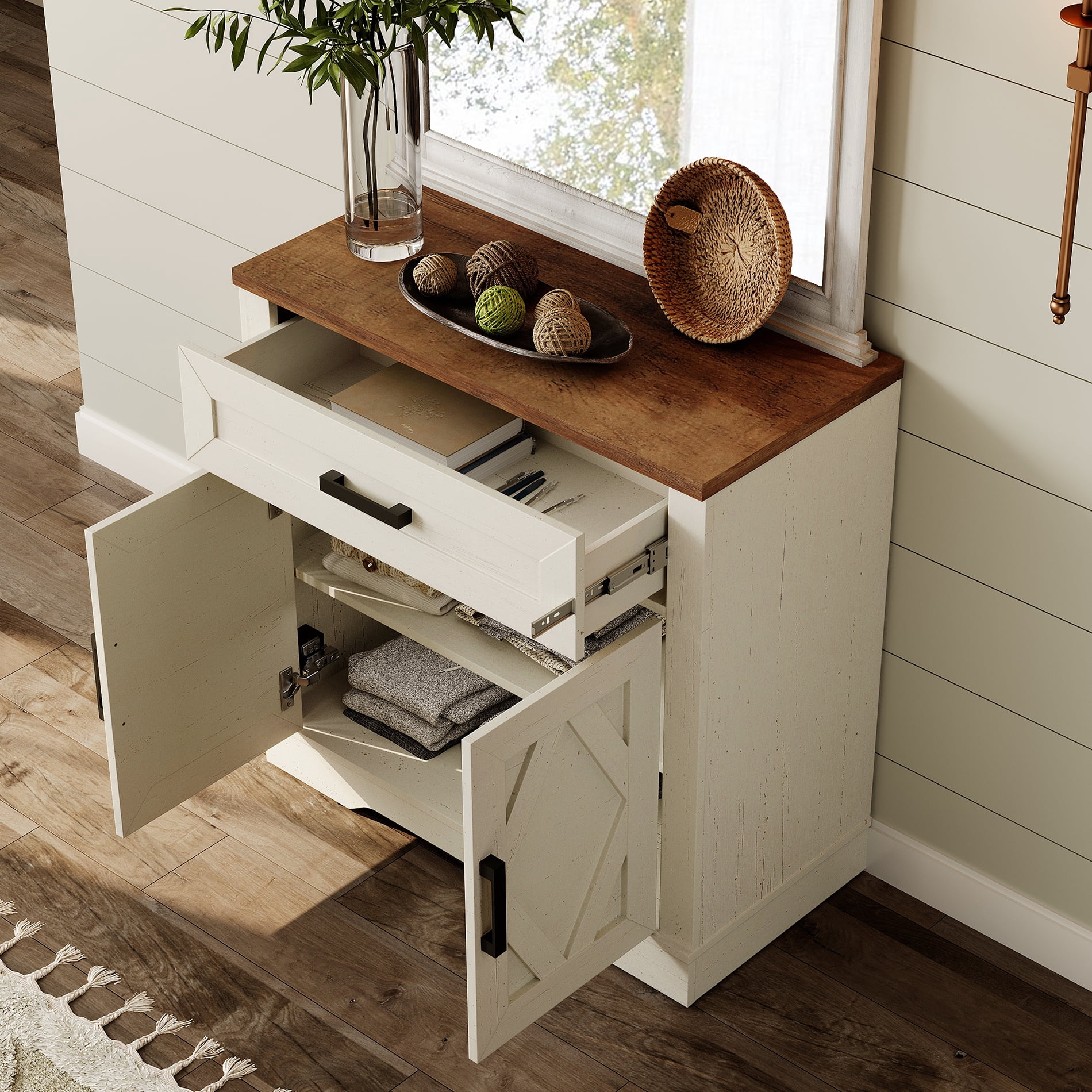 WAMPAT 31.5"W Farmhouse Buffet Sideboard with Barn Doors, Drawer & Storage, White