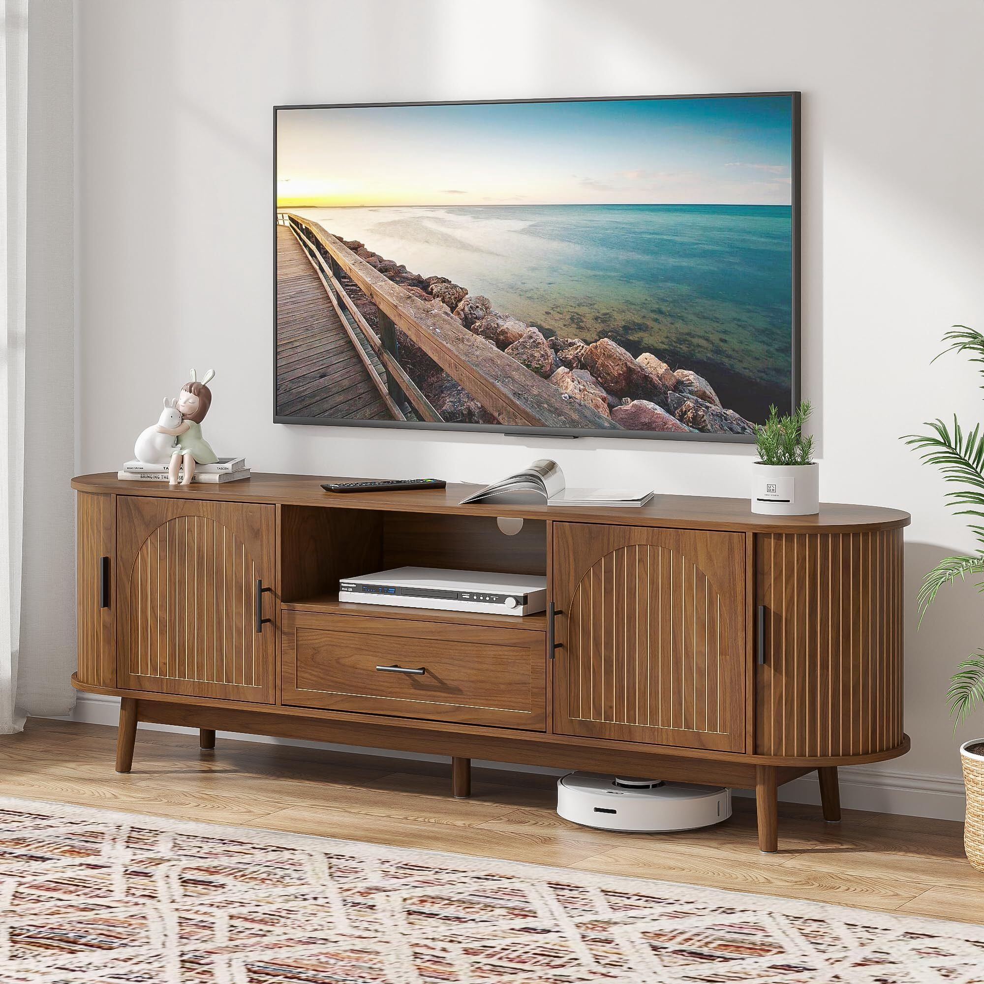 70" Fluted TV Stand for 80" TVs, Mid-Century Entertainment Center with Drawers & Sliding Doors, Curved Media Console