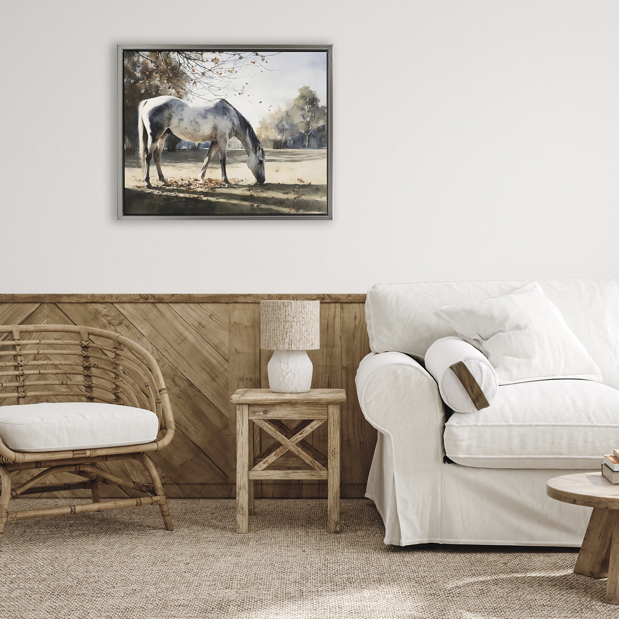 Stupell Industries Grey & White Mare Grazing Gray Framed Floater Canvas Wall Art, design by Franklyn Gregory