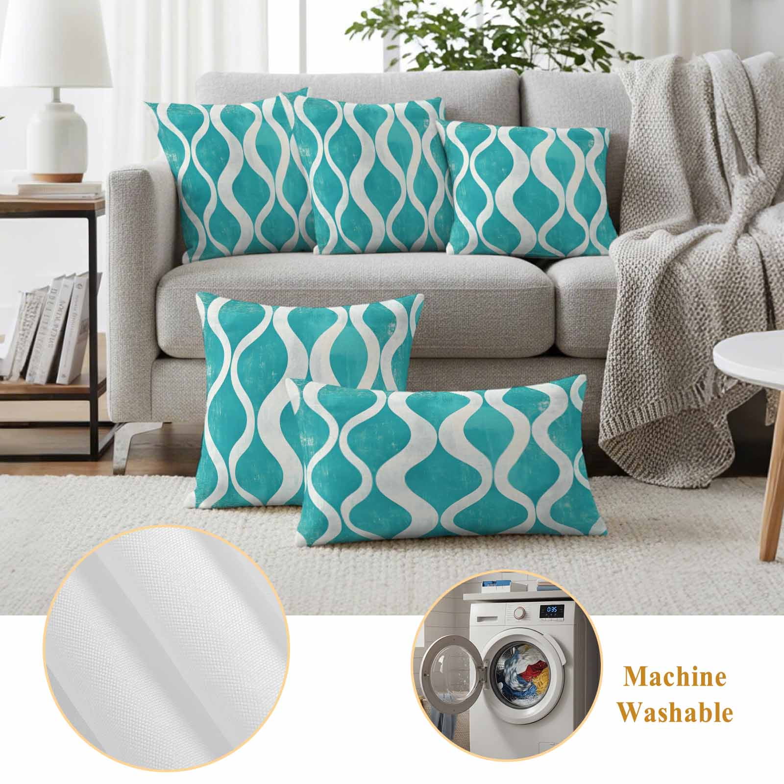 Pack of 2 Outdoor Pillow Covers,Waterproof Teal Wave Throw Pillow Covers,Modern Abstract Art Farmhouse Decorative Pillowcases Cushion Covers for Patio Garden Couch Pillow Sham Protector 20x20 Inch