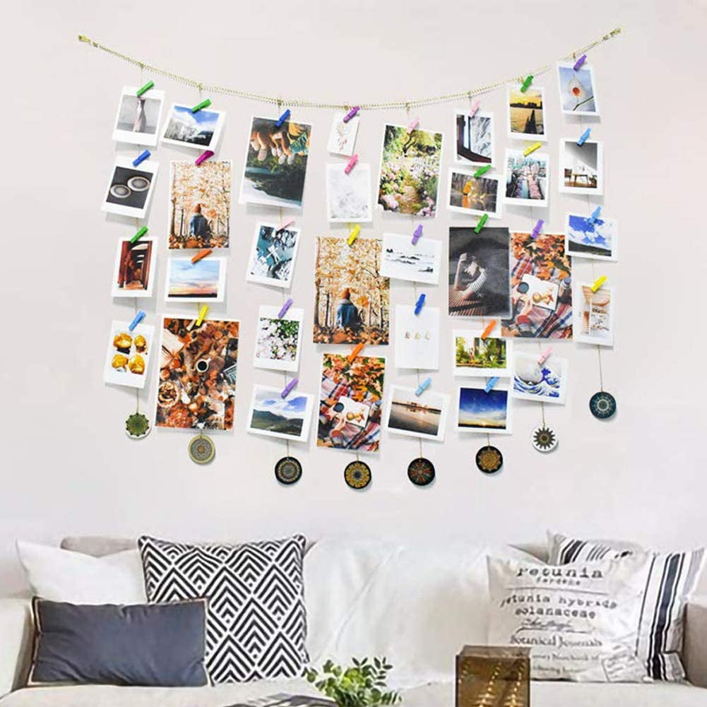 DrCor Hanging Photo Display for Teen Girls Bedroom Adjustable Mandala Picture Organizer Picture Frame Collage with Wood Clips 3ftx2ft