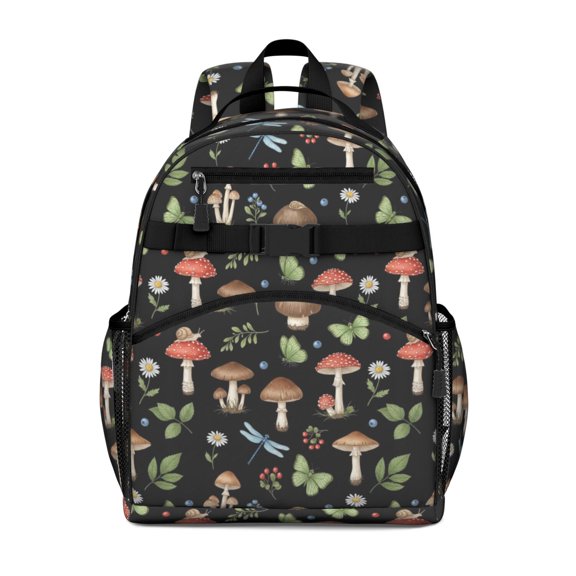 Mushroom and Dragonfly Black Pattern Cute School Backpack Bag for School with Padded Back and Adjustable Shoulder Straps 15.25"x11.5"x5.25"