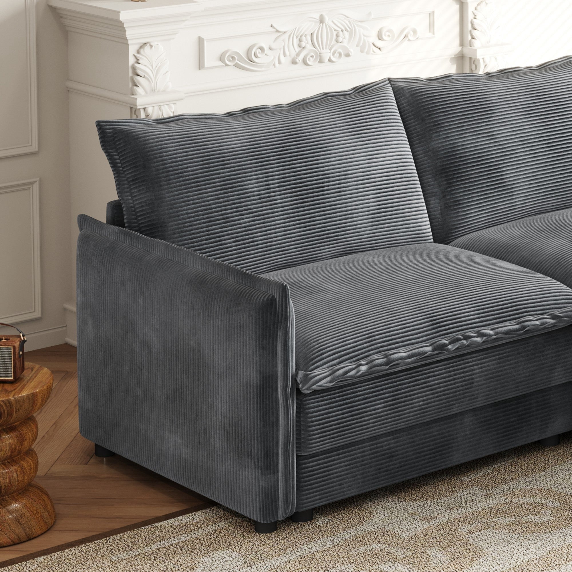Sailvan 3-Seater Corduroy Sofa with 3 Ottomans, Oversized Deep Seat Cloud Couch for Living Room Grey