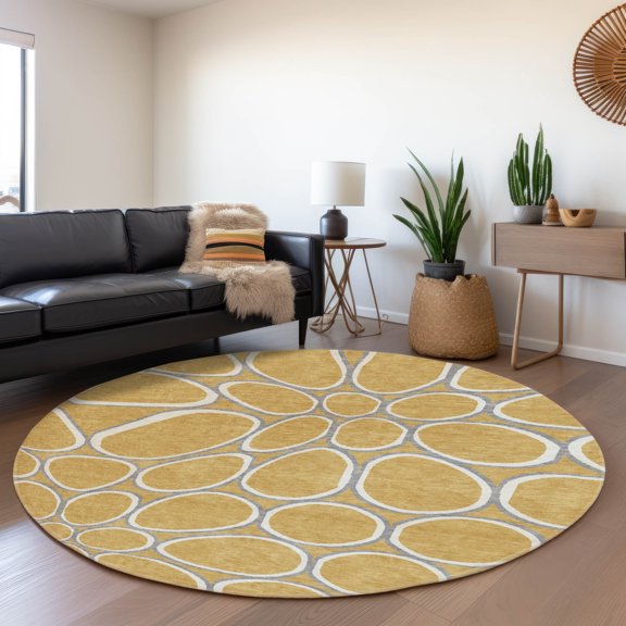 Addison Rugs Mayfield Premium Machine Washable Transitional Circles Gold Round Rug, 8' x 8'