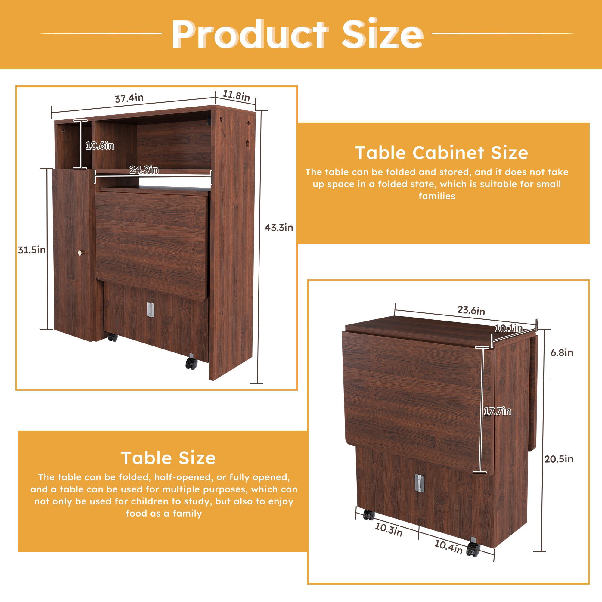 Aukfa Folding Dining Table for 4, Kitchen Extendable Table with Wall-Mounted Sideboard & Power Outlet for Small Apartments,Walnut