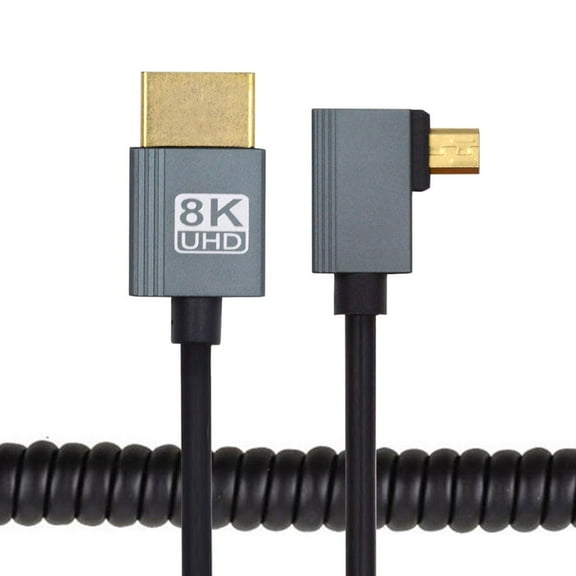 Chenyang 90 Degree Left Angled Micro HDMI 2.1 Male Type-D to HDMI Male 8K 60hz Stretch Coiled Cable 100cm for HDTV Camera Laptop Monitor