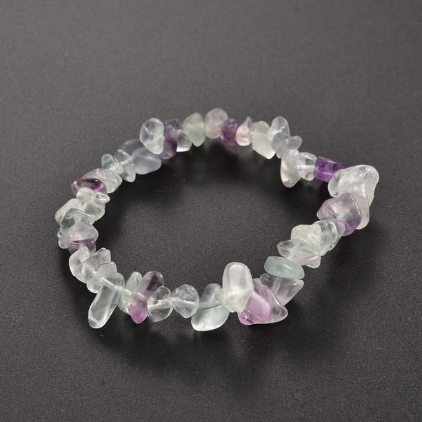 Pulsera elástica de cuentas de fluorita natural de 1,3 pulgadas con cuentas de piedra, ajustable, hecha a mano, con eslabones de cuerda y clip.