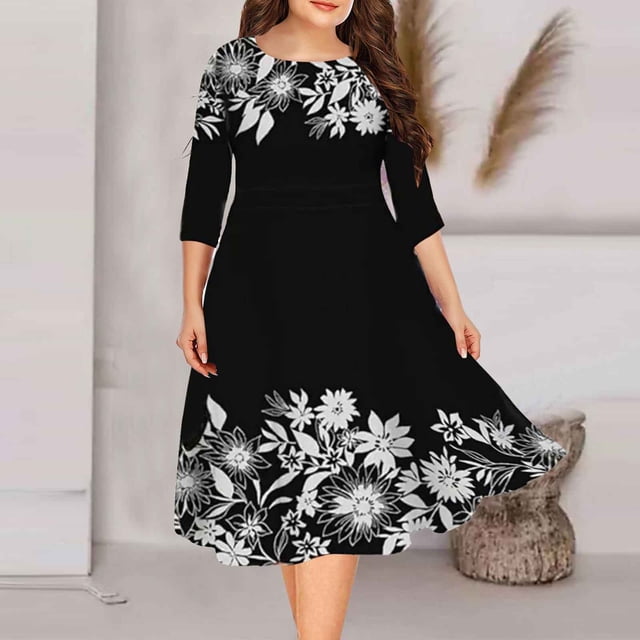 Fankiway Liquidation Robes à Manches Longues Femme Mode Tempérament Manches Imprimées Col Rond Grande Taille Robes Femmes Grande Taille Liquidation