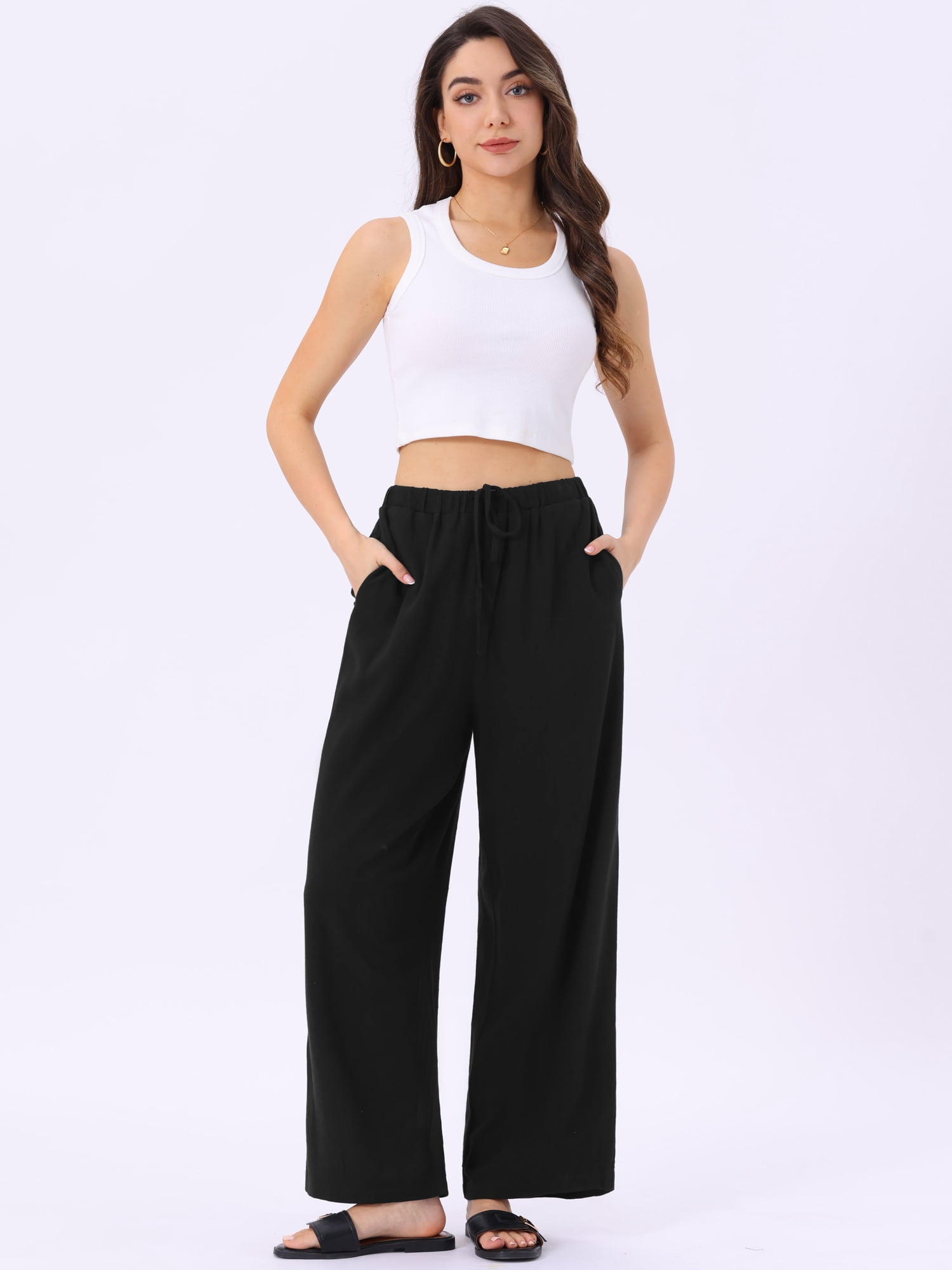 DARING DIVA Women's Linen Flowy Palazzo Trousers with Pockets XL Black