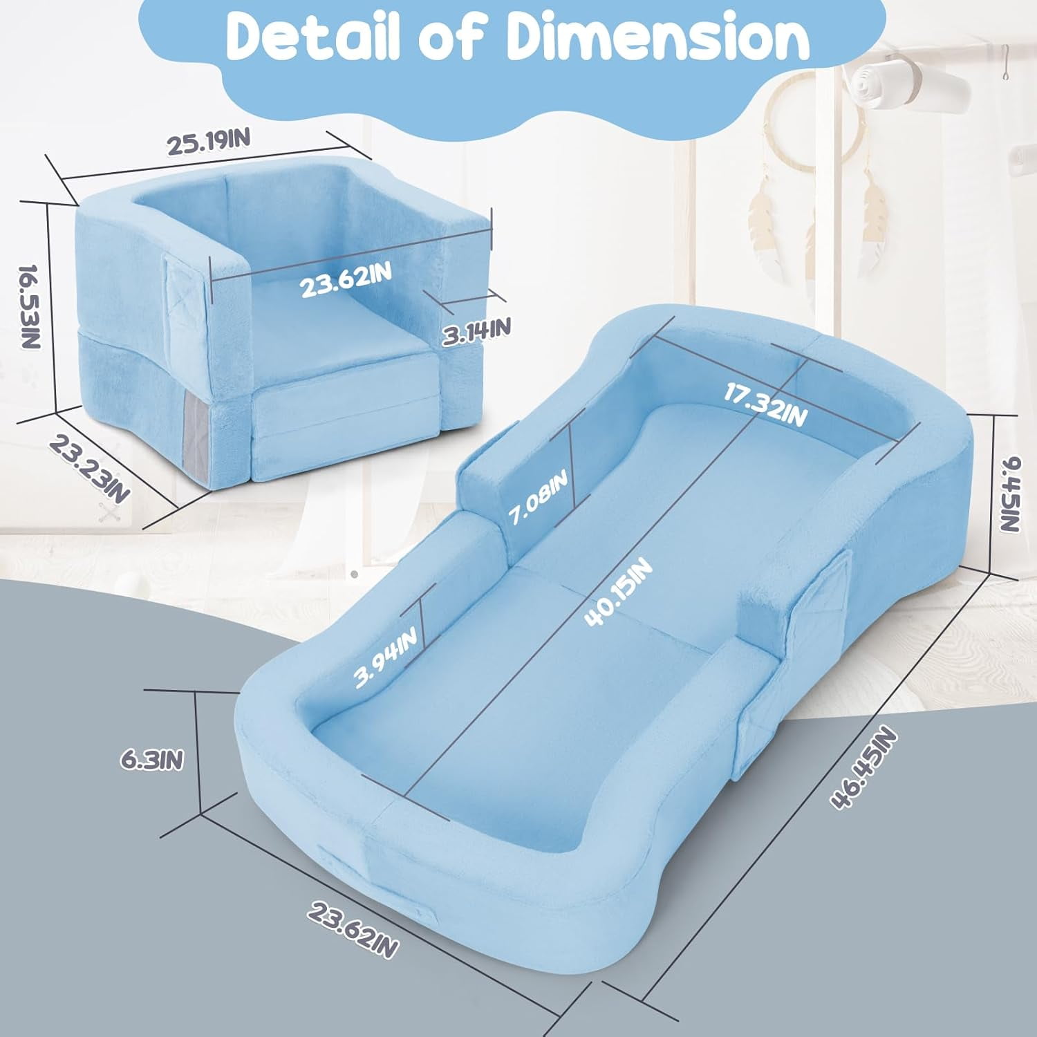 Toddler Travel Bed, 2-in-1 Foldable Portable Toddler Bed Sofa Chair, Soft Baby Kids Travel Floor Cot with Washable Covers Blue