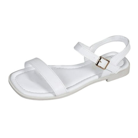 

Ladies Leather Flat Buckle Strap Solid Beach Open Toe Thick Soled Roman Sandals Womens Sandals