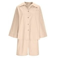 thumbnail image 4 of Women's 2 Piece Outfits Cotton Linen Casual Set Single Row Button Loose Sleeve Lapel Top Pocket Drawstring Shorts Set (L, Beige), 4 of 5