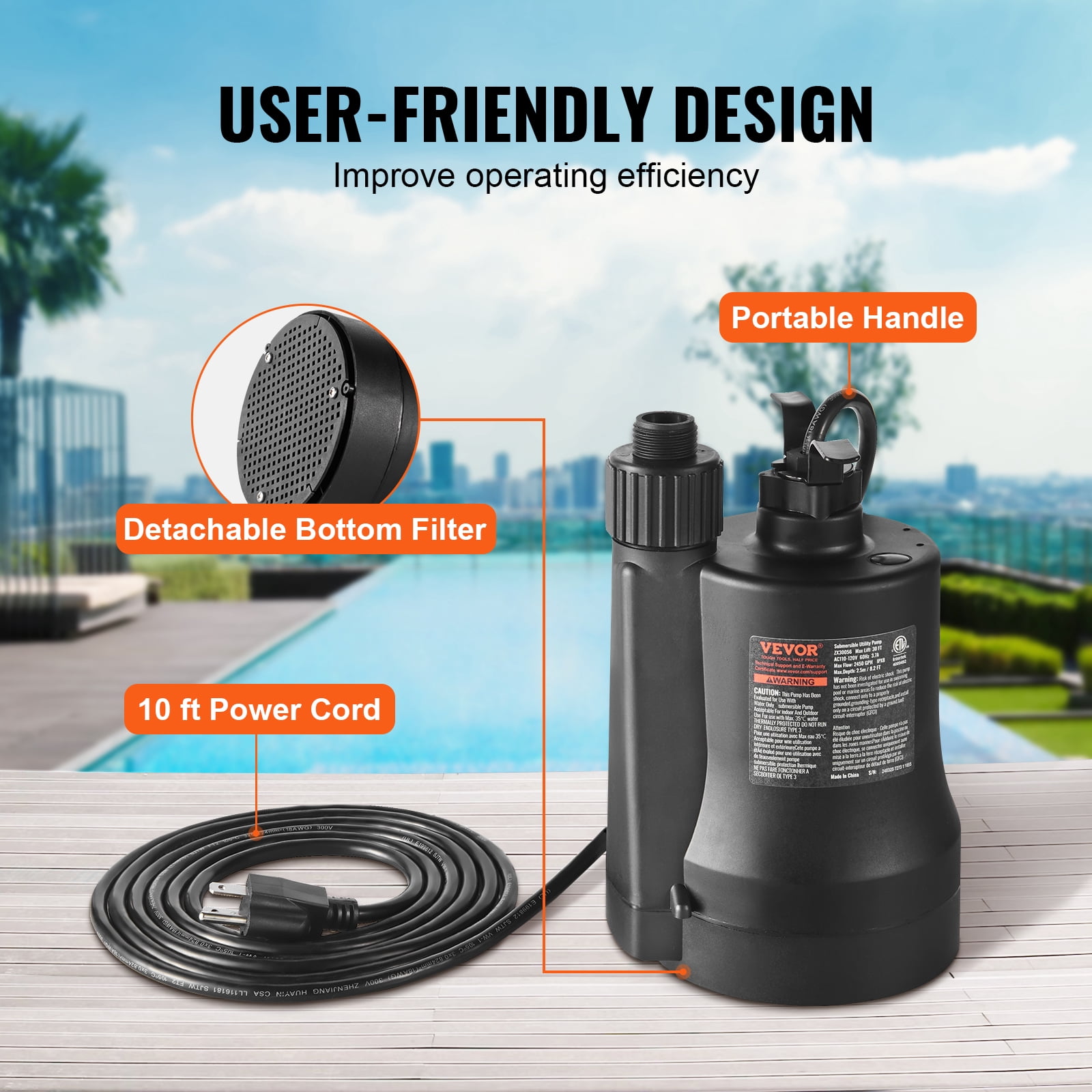 VEVOR Utility Pump, 1/3 HP, 2450 GPH High Flow,30 ft Head, Sump Pump Submersible Water Pump Portable Utility Pump with 10 ft Long Power Cord for Draining Water from Swimming Pool Garden Pond Basement