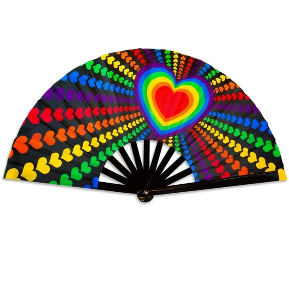 Rainbow Love Large Hand Fan - Folding Handheld Fan for Parties, Costumes, LGBTQ Events, Raves, Parades