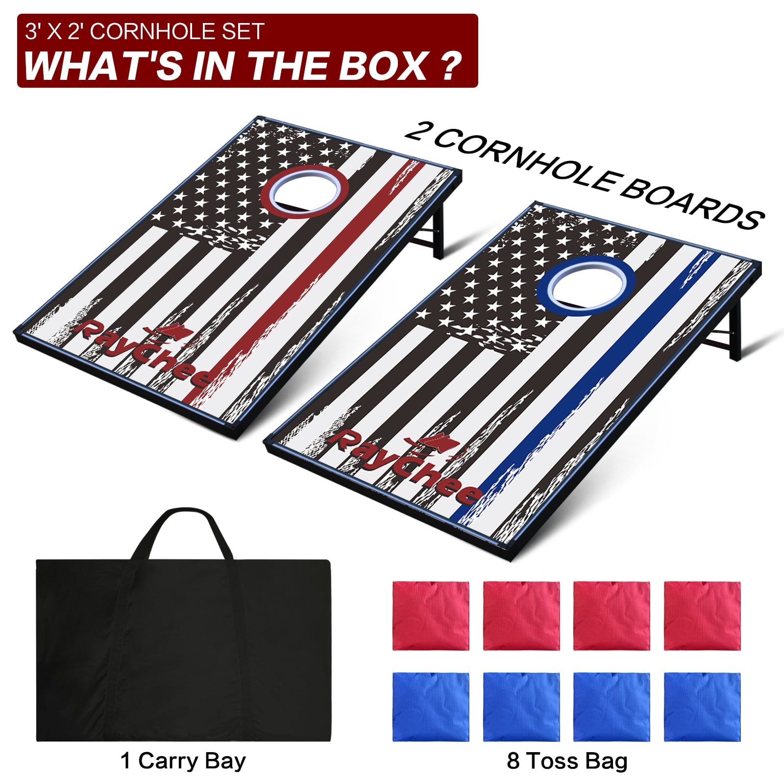 RayChee Cornhole Set with 8 Bean Bags and Carrying Case Outdoor Game Toss Board for Adults Outside Activities
