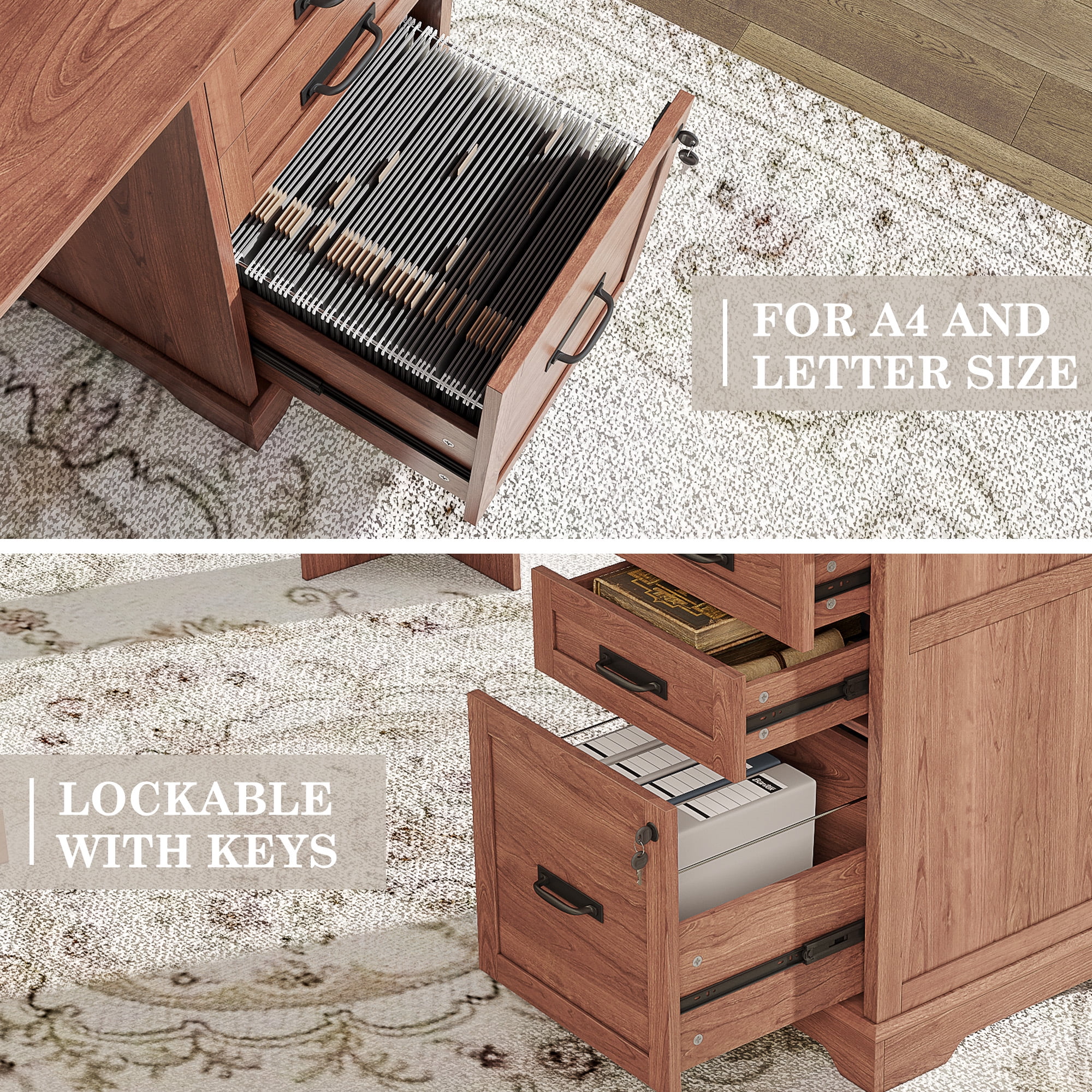 67'' Farmhouse L Shape Desk with File Drawers and Charging Station for Home Office, Cherry Brown
