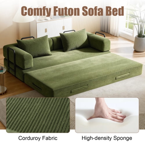 78" Corduroy Convertible Sleeper Sofa Bed, Boneless Futon Couch Floor Lounger Loveseat with Pull Out Mattress, Green