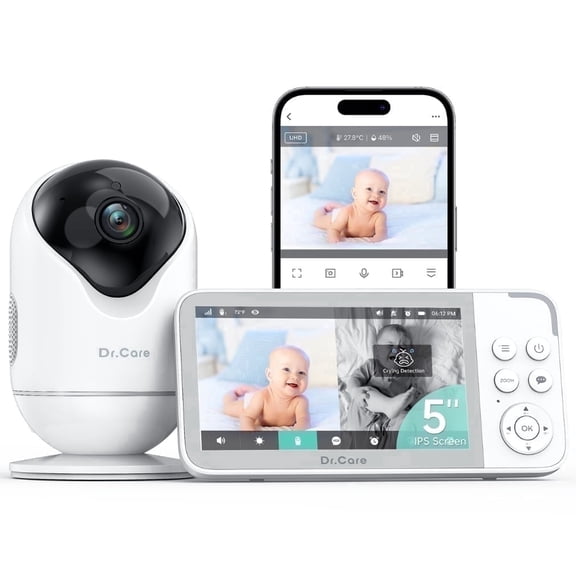 Dr.Care 5" Smart WiFi Baby Monitor with 2K HD Security Camera,APP Control, Cry & Motion Detection,Pan-Tilt-Zoom,Temp, Nightvision, 2-Way Talk