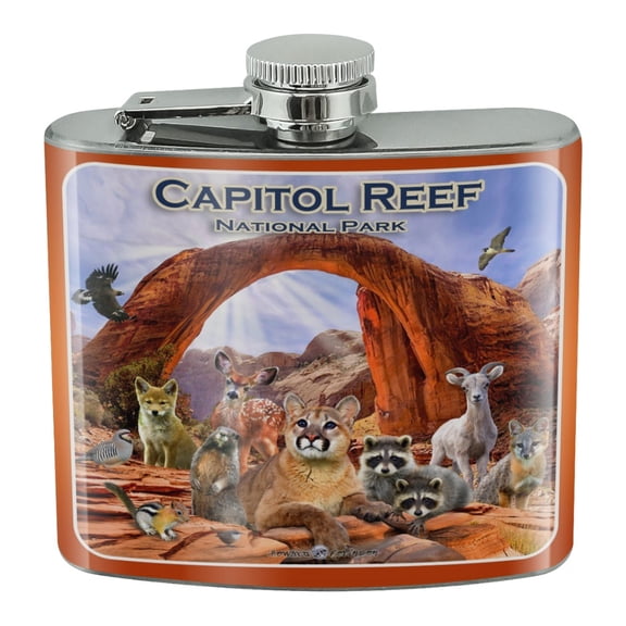 Capitol Reef National Park Utah UT Animals Cougar Prairie Dog Deer Raccoon Stainless Steel 5oz Hip Drink Kidney Flask