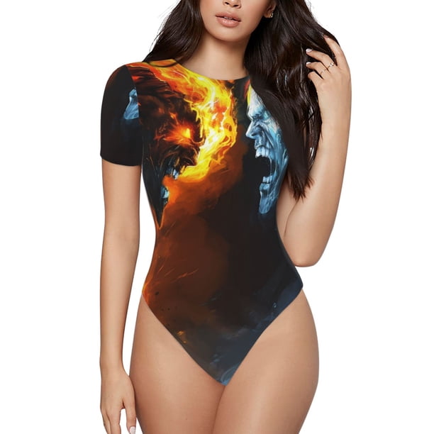 Balery Red And Blue Fire Skull Warrior Body de cuello redondo de manga corta para mujer Tops de manga corta Tops básicos-X-Large