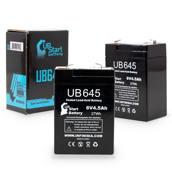 2x Pack - Compatible Exide Q5 Battery - Replacement UB645 Universal Sealed Lead Acid Battery (6V, 4.5Ah, 4500mAh, F1 Terminal, AGM, SLA) - Includes 4 F1 to F2 Terminal Adapters