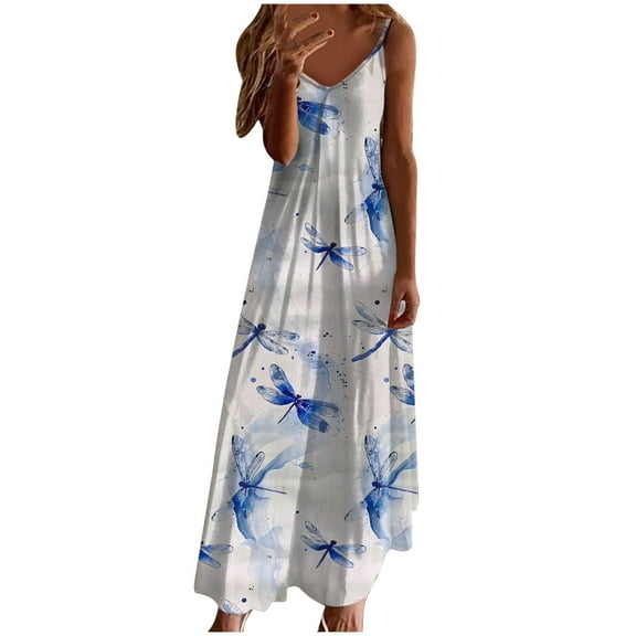Ruimatai Women's Summer Round Neck Sleeveless Dress Casual Flowy Long Sundress Beach Vacation Floral Print Lightweight Comfortable Stretchy S M L XL XXL XXXL