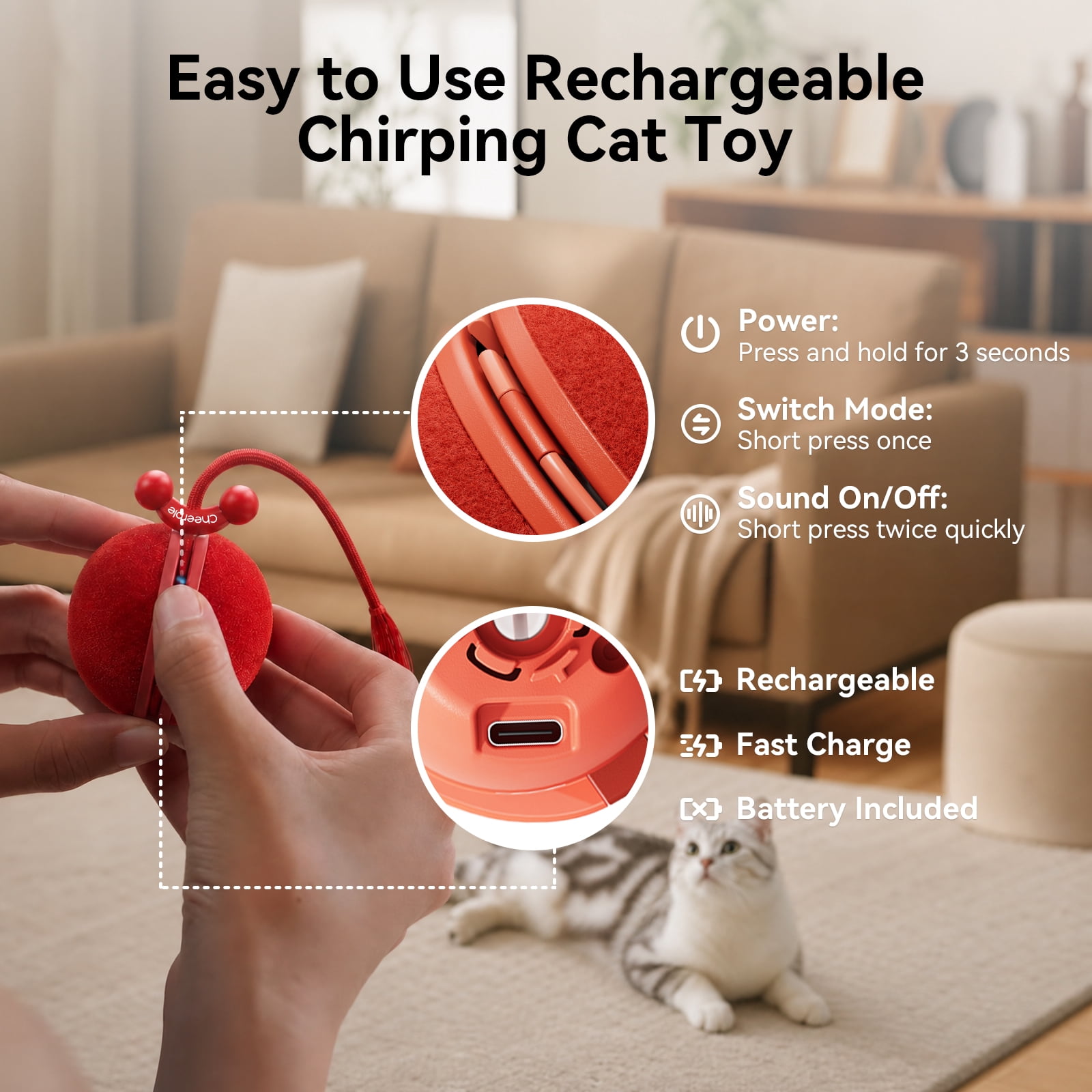 Cheerble Wicked Ball Duo2 Automatic Interactive Cat Toy with Tail & LED Light, Vintage Red