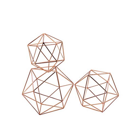 Koyal Wholesale 3 Pcs Assorted Icosahedron Rose Gold Home Decor Himmeli Rose Gold Geometric Centerpiece 3D Geometric Tabletop Decor Hanging Icosahedron Prism Floral Cage