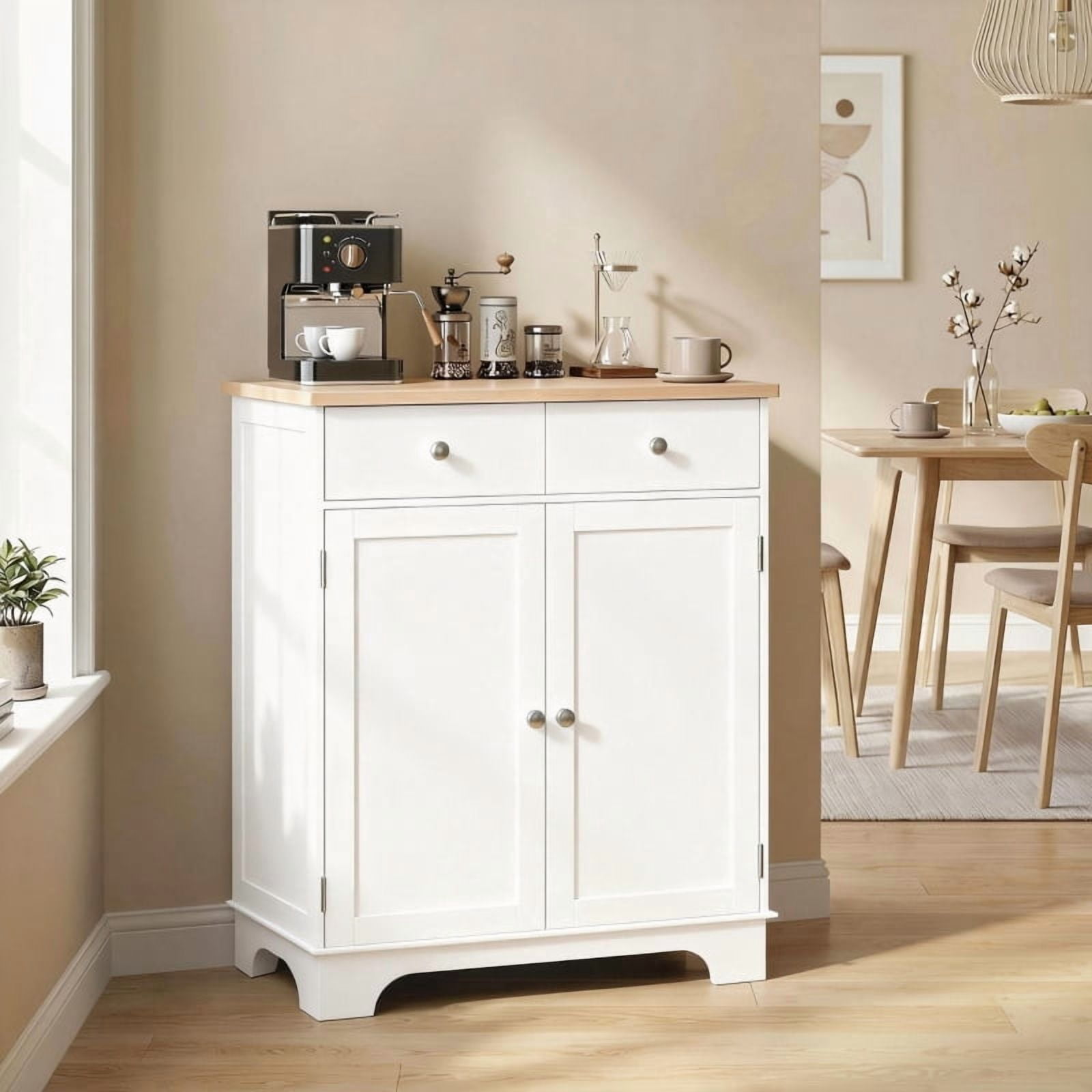 Alvantor Kitchen Floor Storage Cabinet with Solid Wood Top, Adjustable Shelf & 2 Drawers 26.8"x15.9"x33.5" White