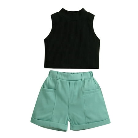 

Toddler Girls Outfit Kids Child Girls Sleeveless Vest Ribbed Tops Solid Shorts Pants 2Pcs Set