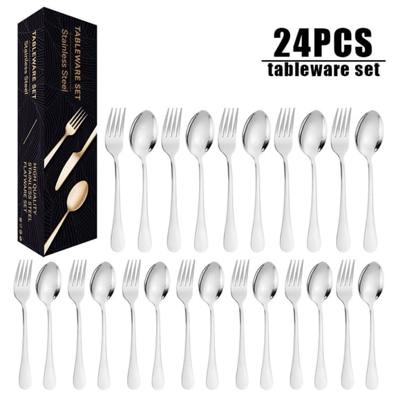 24 Pcs Stainless Steel Flatware Set, 12 Dinner Forks & 12 Teaspoons Silverware Cutlery Set,  Dishwasher Safe Flatware for Home Restaurant Kitchen Use, Rustproof Silver Tableware, 8.1 In