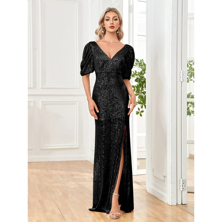 Evening Dress Wedding Dress Wedding Guest Dresses for Women sexy V-neck  sequin floor dress elegant five-point bubble sleeve split party dress 